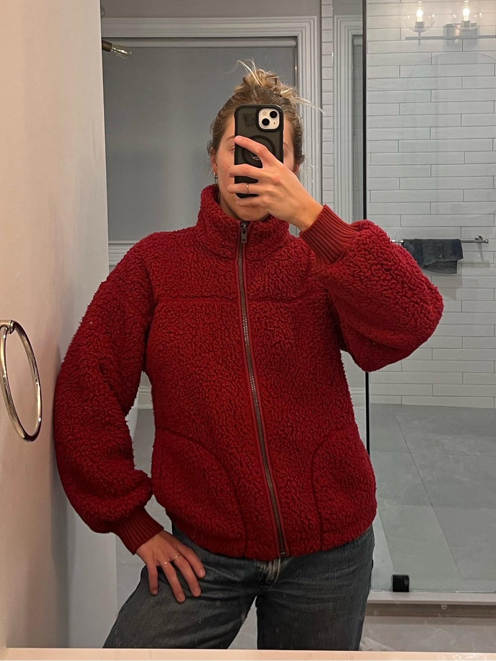 Abercrombie & Fitch Red Sherpa Zip-Up Jacket